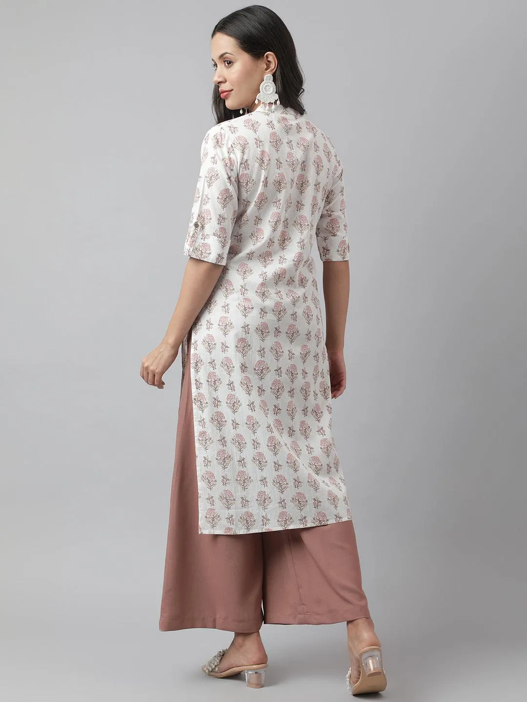 White & Pink Floral Printed Straight Kurta