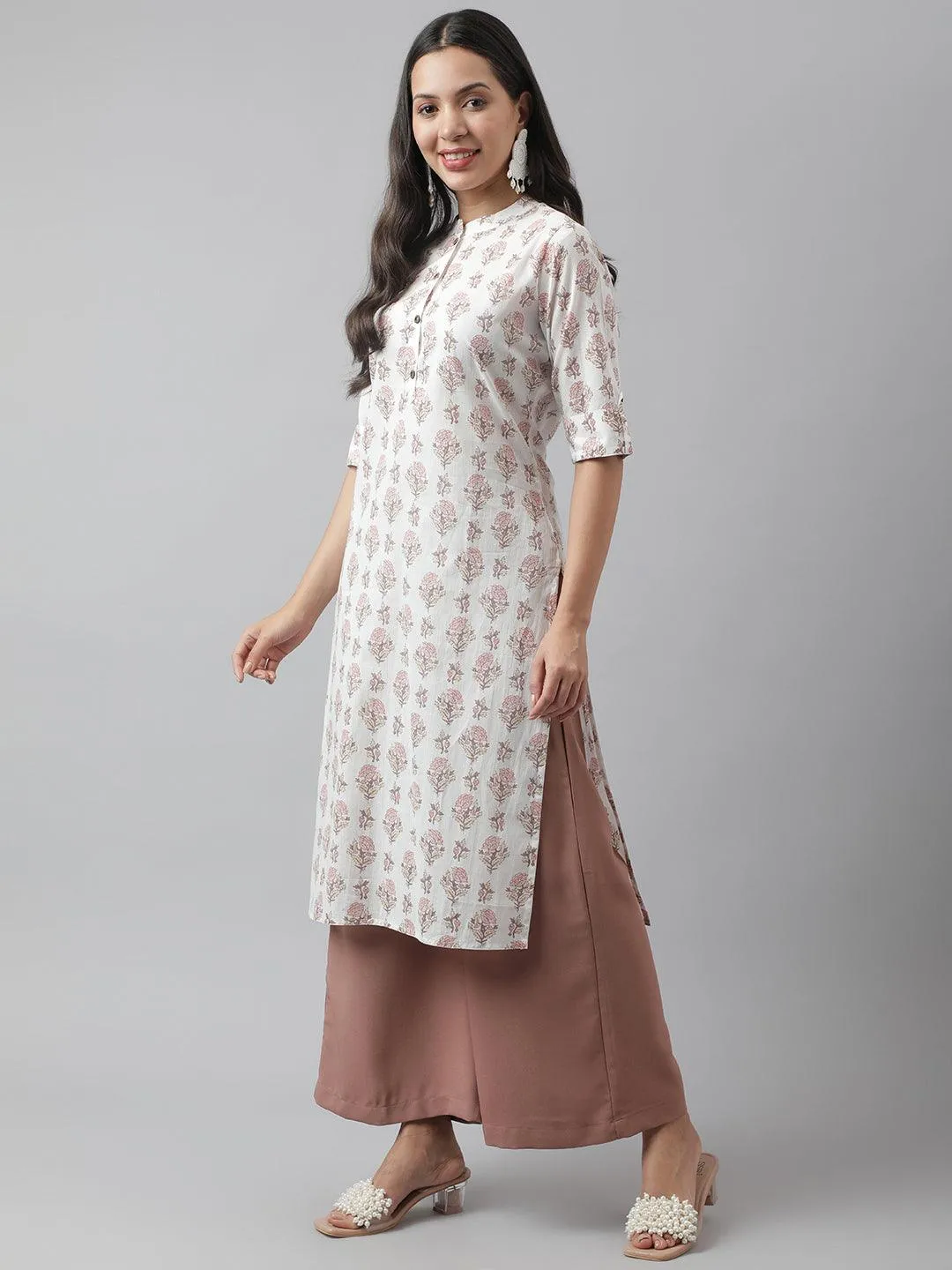 White & Pink Floral Printed Straight Kurta