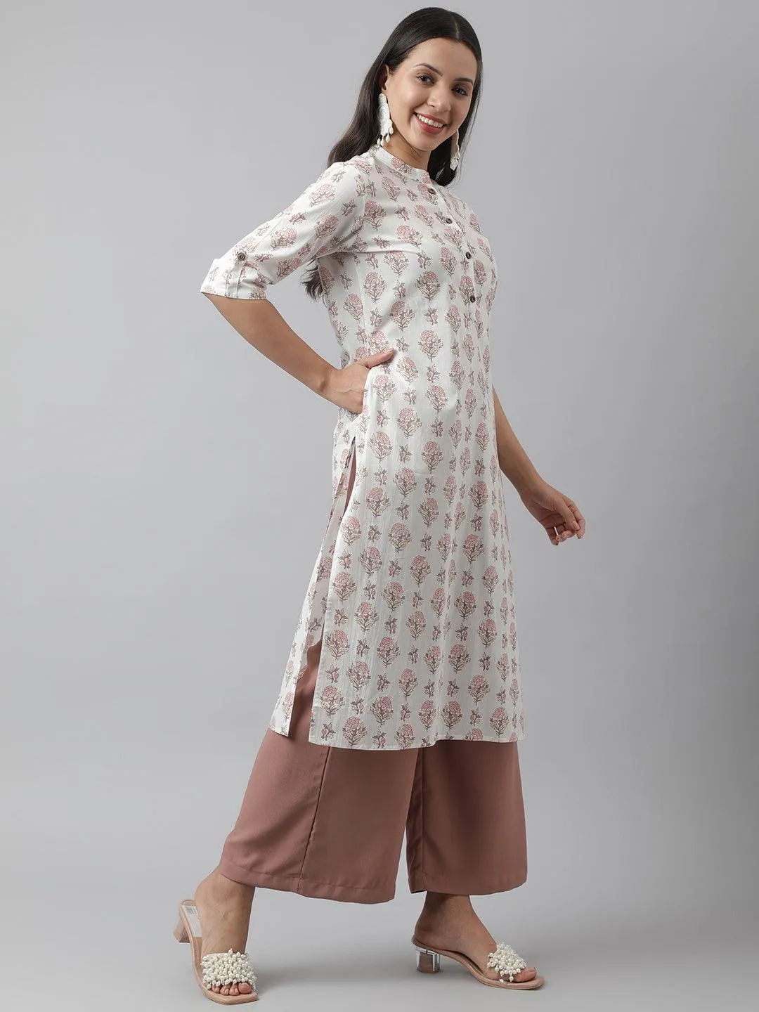 White & Pink Floral Printed Straight Kurta