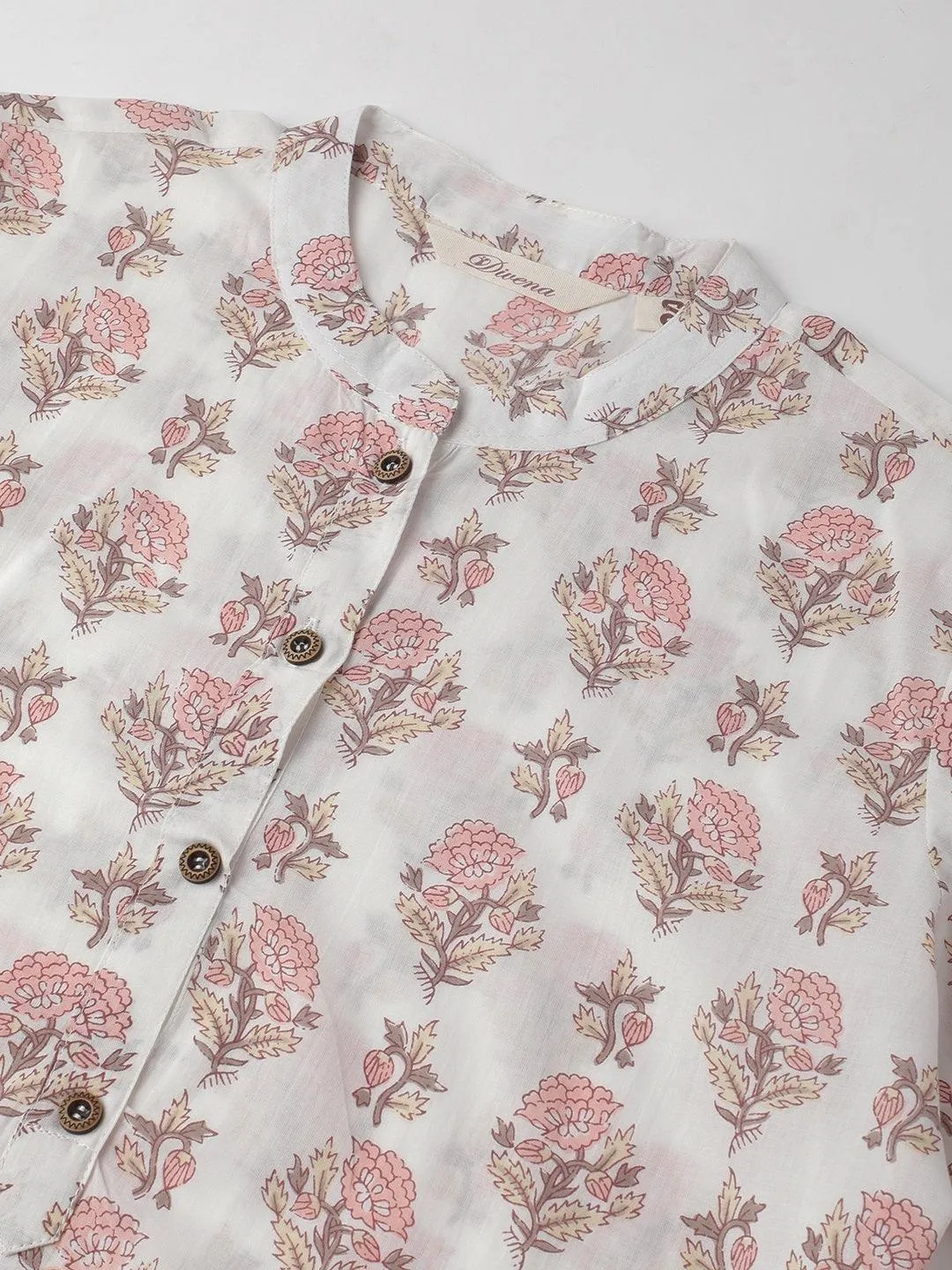 White & Pink Floral Printed Straight Kurta
