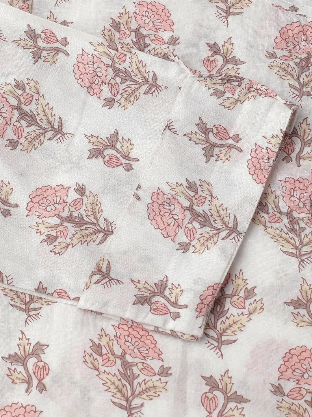White & Pink Floral Printed Straight Kurta