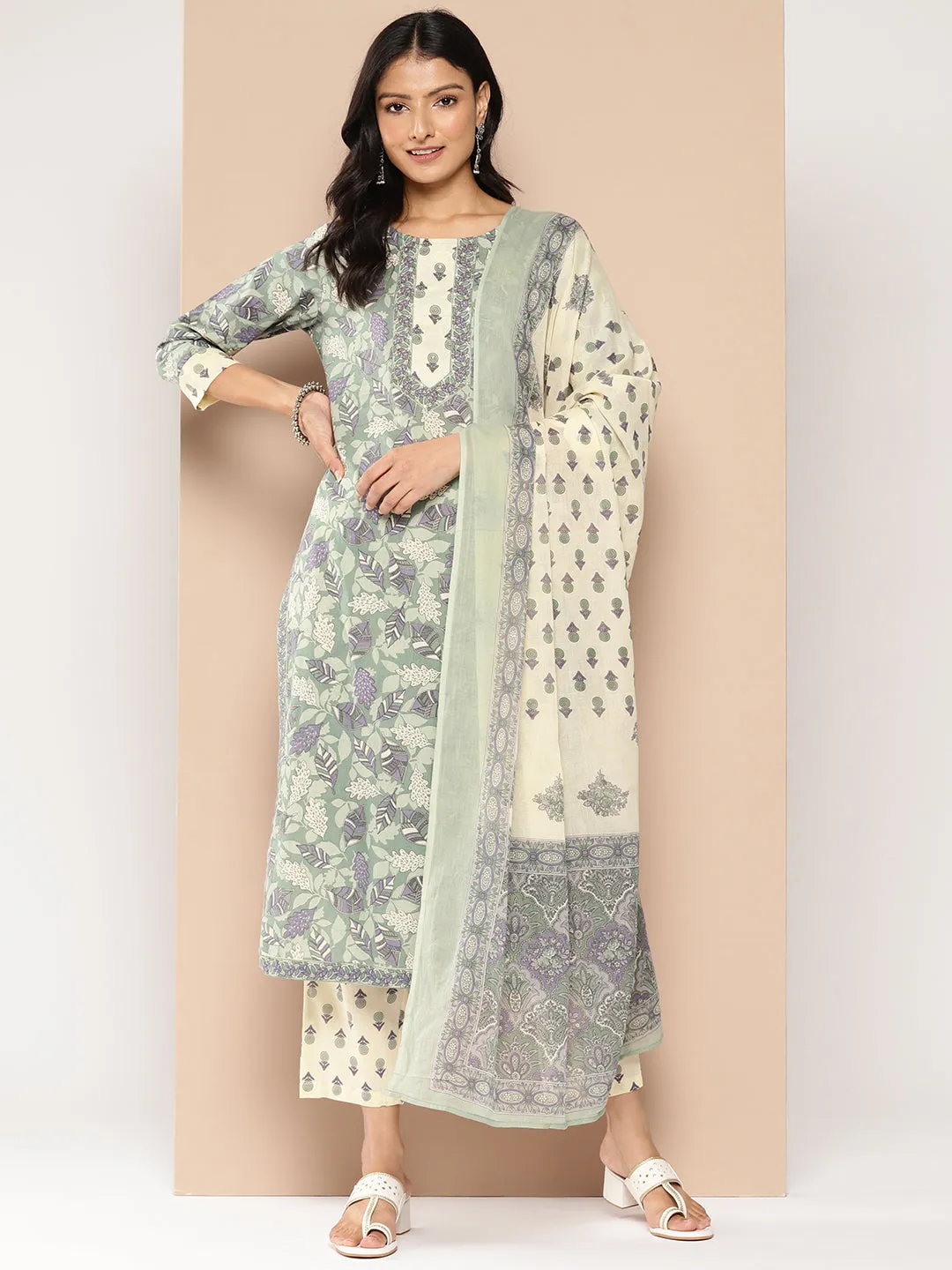 Women Green And Off White Pure Cotton Kurta Set With Dupatta