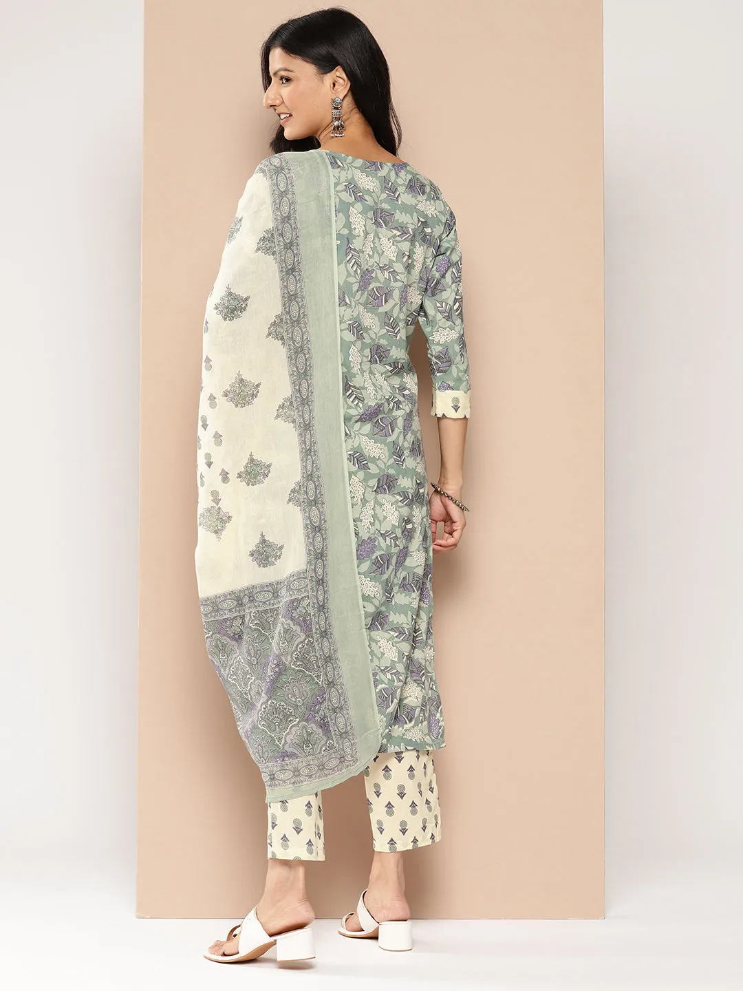 Women Green And Off White Pure Cotton Kurta Set With Dupatta