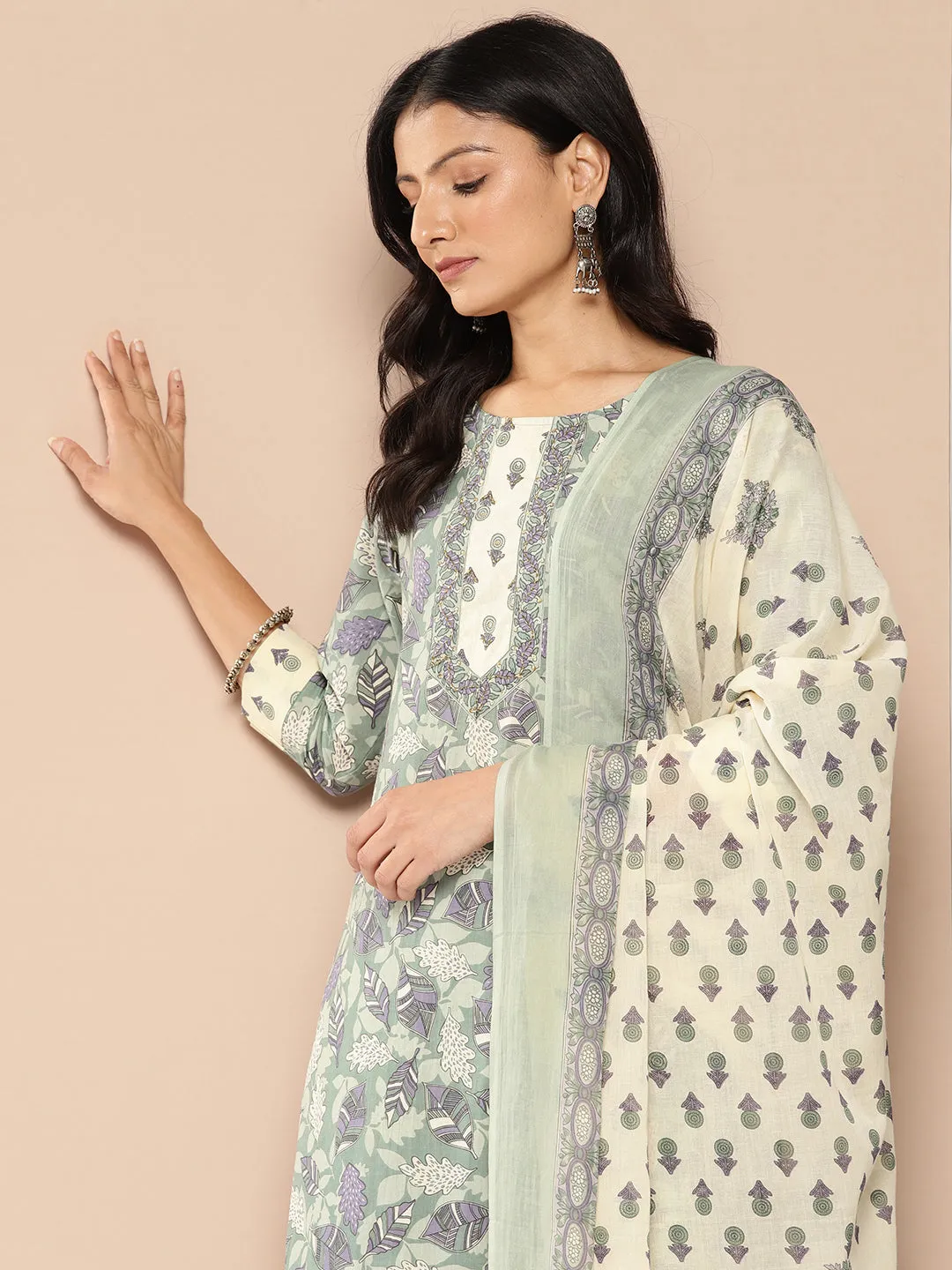 Women Green And Off White Pure Cotton Kurta Set With Dupatta