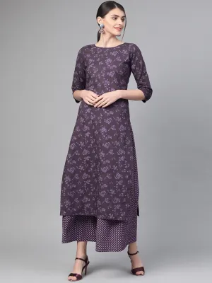Women Purple &  Straight Floral Printed Kurta And Skirt Set