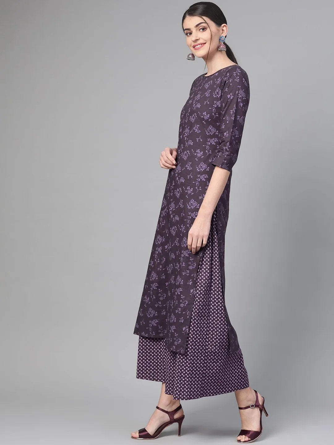 Women Purple &  Straight Floral Printed Kurta And Skirt Set