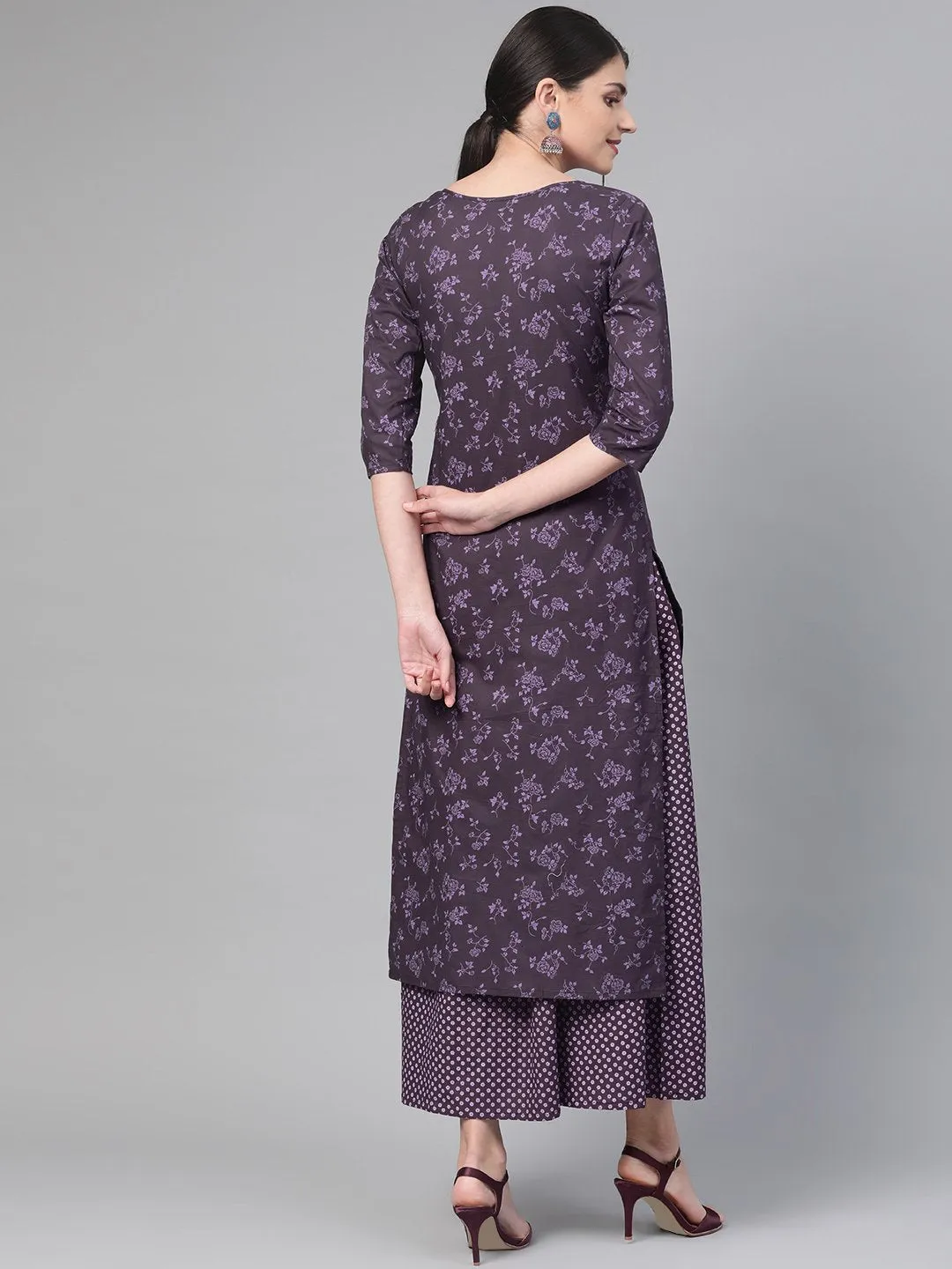Women Purple &  Straight Floral Printed Kurta And Skirt Set